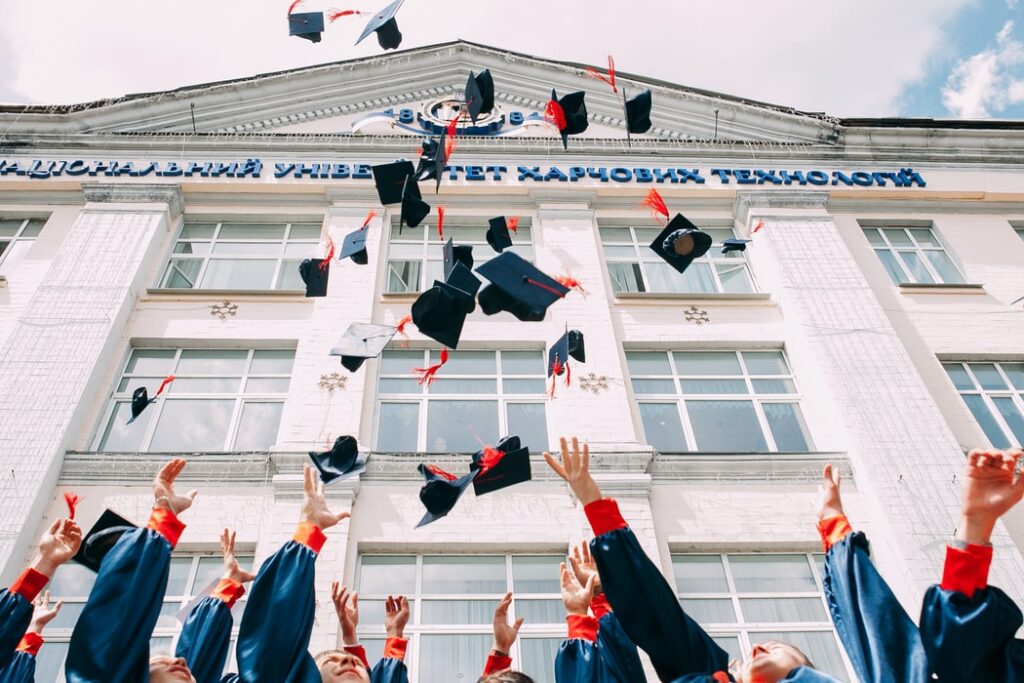 Graduates throwing their graduation caps.